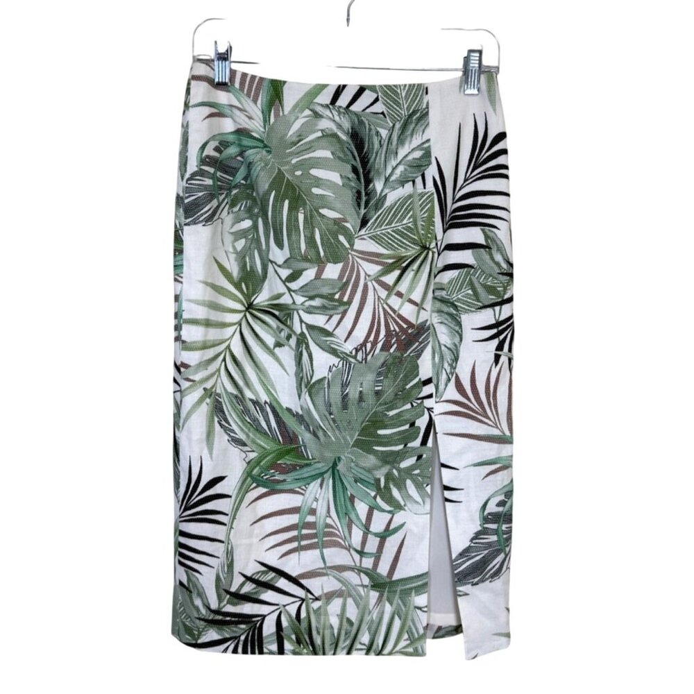 Worth New York Size 0 Pencil Skirt Linen Tropical Print Green White Slit NEW